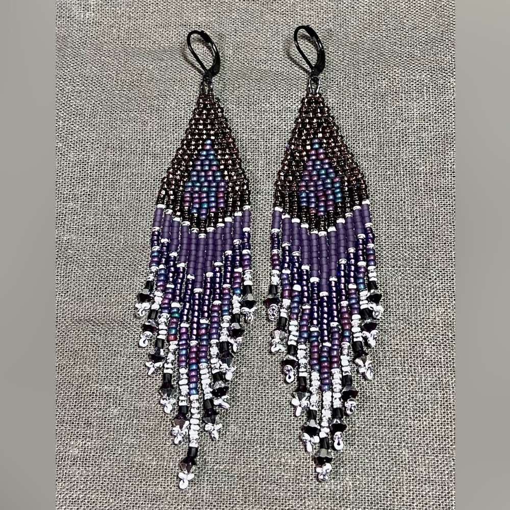 Teardrop Beaded Earrings Handmade Shades of Purple and Black